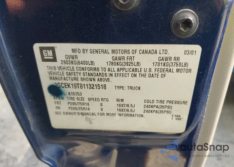 2001 Chevrolet Silverado 1500 Lt из США, поврежденный, VIN 2GCEK19T811321518